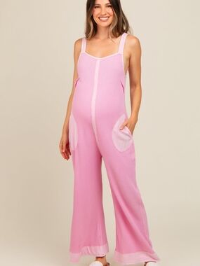 Pink Waffle Knit Boho Wide Leg Maternity Jumpsuit, Medium